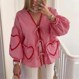 Pink Gingham Heart-Patterned Women's Top